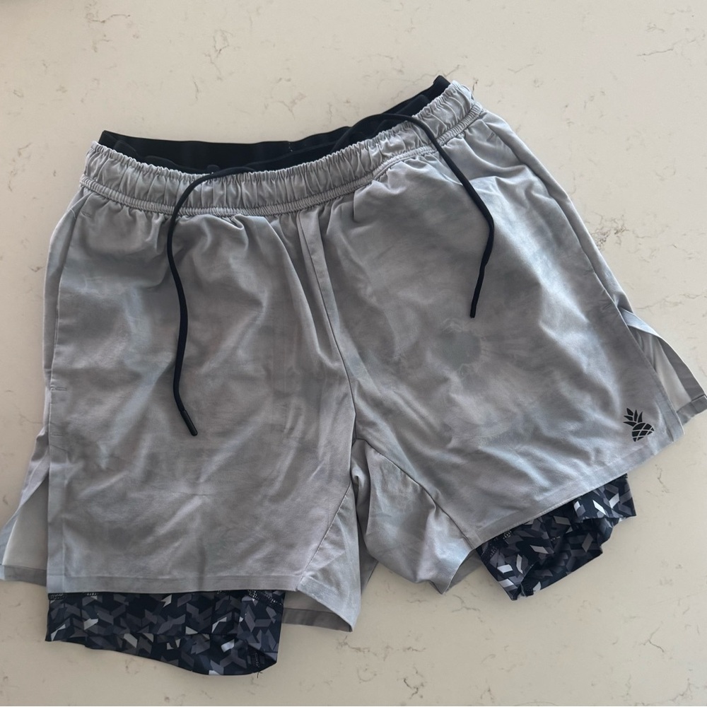 Gray and Black Athletic Shorts with Double-Layer Design